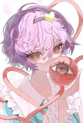  1girl black_hairband blue_shirt collarbone commentary_request covered_mouth ebi_mayopuri eyeball eyelashes falling_petals flower frilled_shirt_collar frills hair_between_eyes hair_ornament hairband hand_up heart heart_hair_ornament highres komeiji_satori looking_at_viewer messy_hair petals pink_hair red_eyes rose shirt short_hair simple_background solo third_eye touhou upper_body white_background 