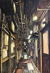  clothes_hanger crosshatching glowing hatching_(texture) highres ibsukionsen industrial_pipe linear_hatching muted_color no_humans original pen_(medium) plank scenery shirt traditional_media unworn_shirt wall_lamp 