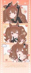  1girl :d :q ^^^ absurdres angelina_(arknights) angelina_(distinguished_visitor)_(arknights) angelina_(summer_flower)_(arknights) animal_ears arknights bare_shoulders black_collar black_gloves brown_hair character_name chinese_commentary cloud coat collar commentary_request dot_nose earpiece film_reel fox_ears fox_girl gloves hair_ribbon hairband hand_up headgear heart highres infection_monitor_(arknights) long_hair looking_at_viewer multiple_views official_alternate_costume one-piece_swimsuit one_eye_closed open_mouth red_eyes red_hairband red_nails red_one-piece_swimsuit red_ribbon ribbon shenyan039 sideways_glance smile spaghetti_strap squeans star_(symbol) striped_clothes striped_hairband swimsuit teeth tongue tongue_out twintails two-tone_hairband upper_body upper_teeth_only white_coat 