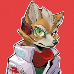  1boy brown_fur closed_mouth commentary english_commentary fox_boy fox_mccloud furry furry_male green-tinted_eyewear green_eyes jacket looking_at_viewer male_focus marc_knelsen microphone nintendo portrait red_background red_scarf scarf scouter simple_background solo star_fox tinted_eyewear white_jacket 