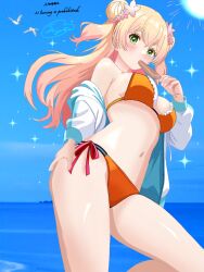  1girl bikini blonde_hair blue_sky breasts cloud day double_bun food green_eyes hair_bun highres hololive long_hair looking_at_viewer medium_breasts momosuzu_nene multicolored_hair orange_bikini outdoors popsicle side-tie_bikini_bottom side_up_bun sky solo sparkle sugimaru2022 sun swimsuit two_side_up virtual_youtuber 