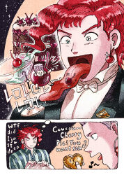  2boys blanket bow bowtie cake cherry_earrings cocktail_glass cup dreaming drinking_glass earrings english_text food food-themed_earrings food_themed_earrings formal_clothes grey_hair jean_pierre_polnareff jewelry jojo_no_kimyou_na_bouken kakyoin_noriaki kotobawa male_focus multiple_boys pajamas pie red_hair rero_rero shirt stardust_crusaders striped_clothes striped_shirt suit tongue tongue_out tuxedo vertical-striped_clothes vertical-striped_shirt 