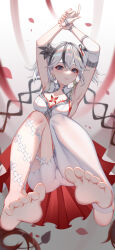 1girl armpits arms_up asymmetrical_clothes black_eyes black_flower blake_bloom_(wuthering_waves) breasts camellya_(wuthering_waves) closed_mouth collar collarbone commentary congyu earrings feet flower gold_earrings hair_between_eyes hair_flower hair_ornament hair_vines highres jewelry looking_at_viewer medium_breasts pants red_pupils short_hair single_pantsleg smile soles solo toes white_collar white_hair white_pants wuthering_waves rating:Sensitive score:17 user:danbooru