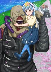  10s 1boy 1girl bald blue_hair blush crossover go_takeo hoshikawa_lily kneeling monster nemesis_(resident_evil) oosawa_uuryo pantyhose petals resident_evil skirt star_(symbol) teeth zombie_land_saga 