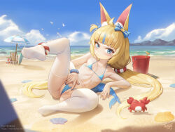  1girl animal_ears banned_artist beach bikini blonde_hair blue_bikini blue_bow blue_eyes blue_hair blue_nails blue_scrunchie blue_sky blush bow bucket cat_ears closed_mouth collarbone crab day female_focus fins fish_girl fish_tail flat_chest full_body hair_bow halterneck heart heart_o-ring indie_virtual_youtuber innertube_hair_ornament loli looking_at_viewer low_twintails lying memechan micro_bikini multicolored_hair nail_polish navel no_shoes o-ring o-ring_bottom ocean on_back one_side_up outdoors paid_reward_available sameko_saba sand scrunchie seashell shell signature sky soles solo streaked_hair string_bikini swimsuit tail thighhighs toes twintails two-tone_hair variant_set white_thighhighs wrist_scrunchie  rating:Questionable score:11 user:hdk5