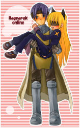 1boy 1girl animal_ears ark_kan armor armored_boots black_blindfold black_eyes blindfold blonde_hair blush boots brown_cape brown_headband brown_pants brown_shoes cape carrying cat_ears cat_girl chainmail commentary_request copyright_name dress full_body grey_thighhighs headband juliet_sleeves knight_(ragnarok_online) long_hair long_sleeves looking_at_viewer lowres mary_janes pants pauldrons priest_(ragnarok_online) princess_carry puffy_sleeves purple_dress purple_eyes ragnarok_online shoes short_hair shoulder_armor standing striped_background thighhighs 
