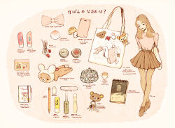  1girl bag bow brown_hair brown_pantyhose brown_skirt charm_(object) coin_purse cosmetics daft_punk earbuds earphones english_text eyelashes full_body lipstick_tube makeup maneki-neko mechanical_pencil melllorine moomin moomintroll nail_file original pantyhose pencil pink_bow pink_shirt pleated_skirt rilakkuma san-x shirt sketchbook skirt solo translation_request 