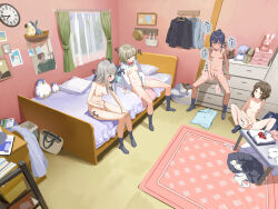  4girls absurdres ankle_socks bag bar_censor bed bed_sheet bedroom black_jacket black_skirt blue_hair blue_jacket blue_socks blush bow bow_bra bra bra_lift breasts brown_eyes brown_hair brown_hat bulletin_board censored chest_of_drawers clock closed_mouth collarbone collared_shirt curtains day dildo dot_nose female_masturbation fingering folded_clothes functionally_nude green_bra green_panties grey_eyes group_masturbation hair_between_eyes hangar hat heavy_breathing highres jacket legs_together lemontyoisy_r18 loli long_hair long_sleeves looking_to_the_side masturbation medium_breasts multiple_girls mutual_masturbation navel neck_ribbon nipples nose_blush nude open_mouth original panties pillow pink_bra pink_panties plaid_clothes plaid_panties pleated_skirt ponytail poster_(object) pubic_hair pussy_juice pussy_juice_drip pussy_juice_stain pussy_juice_trail red_ribbon ribbon school_bag sex_toy shirt short_hair sidelocks sitting skirt small_breasts socks spread_legs standing stuffed_animal stuffed_dog stuffed_penguin stuffed_rabbit stuffed_toy sweat swept_bangs table teddy_bear trembling underwear unworn_bra unworn_panties unworn_shirt unworn_skirt wavy_hair wet wet_clothes wet_panties white_bra white_hair white_panties white_shirt window yuri  rating:Explicit score:367 user:laura.loli