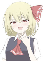  1girl :d absurdres ascot black_vest blonde_hair blush bright_pupils collared_shirt commentary_request eyelashes hair_between_eyes hair_ribbon hand_up highres mesugaki open_mouth outstretched_hand raised_eyebrows red_ascot red_eyes red_ribbon ribbon rumia shirt short_hair short_sleeves simple_background smile smug solo straight_hair szl touhou tsurime upper_body vest white_background white_shirt 