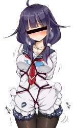 10s 1girl ahoge apron arms_behind_back bandana bar_censor bdsm blush bondage bound bound_arms cassandra_(seishun_katsu_sando) censored female_focus hair_flaps censored_identity jewelry kantai_collection long_hair necklace necktie pantyhose pleated_skirt purple_hair school_uniform serafuku shibari shibari_over_clothes simple_background skirt solo struggling sweat taigei_(kancolle) whale white_background rating:Questionable score:19 user:danbooru