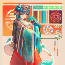 1girl :o absurdres arknights black_hair black_sleeves blunt_bangs breasts bright_pupils cleavage collarbone colored_extremities commentary dragon_girl dragon_horns dragon_tail dress dusk_(arknights) earrings english_commentary eyeliner green_hair green_sleeves highres horns jewelry kiseru large_breasts long_sleeves makeup multicolored_hair nikov orange_dress orange_eyeliner orange_eyes parted_lips pointy_ears print_dress print_sleeves smoking_pipe solo streaked_hair tail tassel tassel_earrings white_pupils wide_sleeves 