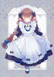  1girl absurdres artist_name braid braided_ponytail brown_hair closed_eyes curtsey dated granblue_fantasy haaselia harvin highres maid maid_day maid_headdress mochiko_tsuru pointy_ears single_braid solo 