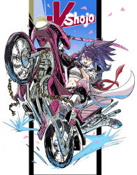  1girl absurdres black_coat black_hair breasts chest_sarashi coat full_body high_ponytail highres holding holding_sword holding_weapon kson large_breasts long_hair midriff mole mole_under_eye motor_vehicle motorcycle multicolored_coat on_motorcycle one_eye_closed open_mouth pants ponytail riding sandal_master sarashi simple_background solo souchou sword two-tone_coat virtual_youtuber vshojo weapon white_background white_coat white_pants wooden_sword 