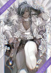  1boy :d alternate_costume bathtub belt belt_buckle black_corset black_gloves blue_hair bottle brown_belt buckle buttons cape collar collarbone corset cropped_jacket cuff_links curtains dark-skinned_male dark_skin double-breasted earrings eveshut eyepatch feet_out_of_frame flower from_above fur-trimmed_cape fur_trim genshin_impact gloves hair_over_shoulder half_gloves happy_birthday highres in_bathtub jacket jewelry kaeya_(genshin_impact) knee_up lace-trimmed_collar lace_trim lapels long_hair long_sleeves looking_at_viewer low_ponytail male_focus multicolored_hair multiple_necklaces muted_color necklace notched_lapels open_mouth pants partially_submerged pearl_necklace pectoral_cleavage pectorals ponytail puffy_long_sleeves puffy_sleeves reclining salute side_cape single_earring smile solo streaked_hair swept_bangs teeth two-finger_salute upper_teeth_only white_cape white_collar white_flower white_hair white_jacket white_pants wine_bottle 
