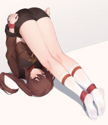 1girl ass ayaya_(ayaya_ri) black_shorts blush brown_eyes brown_hair brown_shirt closed_mouth full_body genshin_impact highres hu_tao_(genshin_impact) kneehighs legs long_hair long_sleeves looking_at_viewer no_shoes restrained shirt short_shorts shorts smile socks soles solo stationary_restraints twintails upside-down white_socks rating:Sensitive score:139 user:danbooru