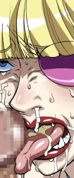  after_fellatio anyamal_tantei_kirumin_zoo blonde_hair blue_eyes censored cirima cum cum_in_mouth cumdrip eyepatch hatori_misa licking lips mosaic_censoring penis red_lips sweat volvox 