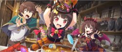  1boy 2girls :d arm_belt arm_garter armpit_crease armpits arms_up bell belt belt_buckle black_dress black_gloves bow bowtie breasts brown_belt brown_hair bucket buckle candy cape cat_tail child cooking demon_horns demon_tail demon_wings dress elbow_gloves fake_horns fake_tail fake_wings fingerless_gloves food frilled_dress frills game_cg gloves green_cape green_eyes hair_ornament hairpin halloween halloween_bucket halloween_costume highres holding holding_bucket horns indoors jingle_bell kitchen komekko kono_subarashii_sekai_ni_shukufuku_wo! konosuba!_fantastic_days lollipop long_sleeves looking_at_another matching_outfits megumin multiple_girls official_alternate_costume official_art open_mouth orange_dress outstretched_arms purple_bow red_bow red_bowtie red_eyes satou_kazuma shirt short_hair short_hair_with_long_locks short_twintails siblings sidelocks sisters sleeveless sleeveless_dress small_breasts smile sparkle star_(symbol) star_hair_ornament strapless strapless_dress swirl_lollipop tail tail_bow tail_ornament twintails two-tone_dress white_shirt wide-eyed wings wispy_bangs 