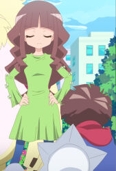  1girl 2boys amanokawa_hiro blue_sky brown_hair closed_eyes digimon digimon_ghost_game dress gammamon green_dress hands_on_own_hips highres long_hair multiple_boys screencap sky third-party_edit toei_animation tsukiyono_ruli very_long_hair  rating:Sensitive score:10 user:jameskb1