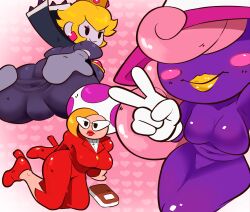  3girls absurdres anus blonde_hair breasts crown dress earrings eyeshadow formal_clothes ghost glasses gloves hat heart heart_print high_heels highres jewelry jolene_(paper_mario) large_breasts lipstick long_hair looking_at_viewer makeup mario_(series) multiple_girls nintendo paper_mario paper_mario:_the_thousand-year_door pepperoni-ravioli pink_background pink_hair princess_peach red_lips shadow_queen skirt smile spread_anus spread_anus_under_clothes suit toad_(mario) v vivian_(paper_mario) witch_hat yellow_lips 
