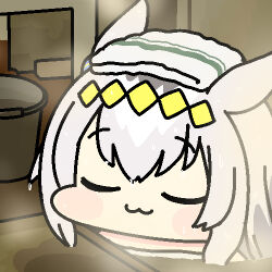  1girl :3 ahoge animal_ears bathing bucket closed_eyes commentary derivative_work grey_hair hairband horse_ears horse_girl jazz_jack long_hair lowres multicolored_hair oguri_cap_(umamusume) screenshot_redraw solo towel towel_on_head umamusume 