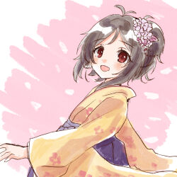  1girl :d antenna_hair black_hair blue_hakama blush brown_kimono domyoji_karin flower hair_flower hair_ornament hakama hakama_skirt highres idolmaster idolmaster_cinderella_girls japanese_clothes kimono long_sleeves looking_at_viewer open_mouth pink_background purple_flower red_eyes rino_cnc skirt smile solo two-tone_background white_background wide_sleeves 