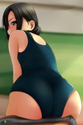  1girl absurdres ass bare_shoulders black_hair blue_one-piece_swimsuit blurry blurry_background blush brown_eyes chair depth_of_field from_behind hair_over_one_eye highres indoors looking_at_viewer looking_back low_ponytail matsunaga_kouyou nose_blush on_chair one-piece_swimsuit original ponytail profile school_chair school_swimsuit solo swimsuit  rating:Sensitive score:76 user:danbooru