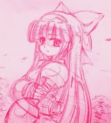 1girl ainu_clothes breasts fingerless_gloves gloves hair_ribbon highres long_hair looking_at_viewer mamahaha medium_breasts monochrome nakoruru ribbon samurai_spirits shaded_face sideboob sketch snk solo the_king_of_fighters traditional_media weapon