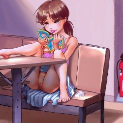 1girl bar_(place) barefoot blush book brown_hair brown_theme candy cleft_of_venus feet female_focus food gekkou_(geccomajin) indoors leg_up loli lollipop looking_at_viewer mouth_hold no_panties open_book panties parted_bangs pleated_skirt short_hair sitting skirt smile solo table tank_top third-party_edit toes uncensored underwear unworn_panties rating:Explicit score:515 user:bobfan