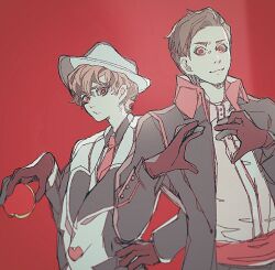  2boys apple_poison black_gloves black_hair brown_hair closed_mouth disneyland formal_clothes gloves hat heart jack_heart kyou_o looking_at_viewer male_focus multiple_boys necktie recruiters_(disney) red_eyes simple_background smile 