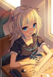 1girl absurdres blue_eyes blue_hair blue_nails blush classroom commentary_request envelope eraser female_focus fins fish_tail gawr_gura hair_ornament heart highres hololive hololive_english indoors looking_at_viewer mechanical_pencil monmo_mu multicolored_hair nail_polish neckerchief paper pencil pencil_case ruler school_uniform serafuku shadow shark_hair_ornament shark_tail sharp_teeth silver_hair sitting streaked_hair sunlight tail tail_blush teeth upper_teeth_only virtual_youtuber window rating:General score:23 user:danbooru