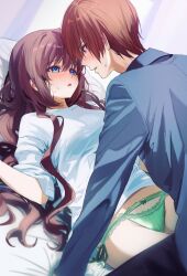 1boy 1girl a-chan_(little_busters!) blue_eyes blush boy_on_top bra brown_hair green_bra green_panties highres little_busters! long_hair looking_at_another lying male_focus miiizuno_lbs natsume_kyousuke nose_blush on_back on_bed open_mouth panties see-through_clothes shirt short_hair sweatdrop underwear wavy_hair white_shirt