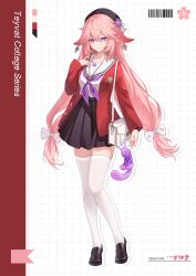  1girl alternate_costume alternate_hairstyle animal_ears bag beret black_hat black_shoes black_skirt bow character_name closed_mouth english_text fox_ears full_body genshin_impact hair_between_eyes hair_bow hand_on_own_chest hat highres jacket loafers long_hair long_sleeves looking_at_viewer low_twintails neckerchief open_clothes open_jacket pink_hair purple_eyes purple_neckerchief red_jacket sailor_collar school_uniform shirt shoes shoulder_bag simple_background skirt smile solo standing thighhighs twintails very_long_hair white_bag white_bow white_sailor_collar white_shirt white_thighhighs yae_miko yukiri_(l_ii) zettai_ryouiki 