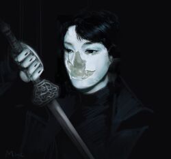  1boy black_eyes black_hair broken_skin holding holding_sword holding_weapon joints limited_palette macaronijail madra_(album) male_focus omniscient_reader&#039;s_viewpoint porcelain robot_joints scar scar_across_eye scar_on_face short_hair solo sword upper_body weapon yoo_joonghyuk 
