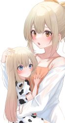 2girls age_difference animal_print blonde_hair blue_eyes blush breasts breasts_squeezed_together brown_eyes character_request copyright_request cow_print daily_(daily178900) dress female_focus grabbing_another&#039;s_breast groping hand_on_another&#039;s_head highres holding_person loli long_hair medium_breasts multiple_girls onee-loli print_dress simple_background white_background yuri rating:Questionable score:74 user:ponekad
