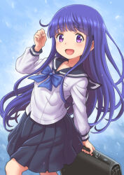 1girl :d absurdres arm_up black_sailor_collar black_skirt blue_bow blue_bowtie blue_hair blunt_bangs bow bowtie briefcase clenched_hand floating_hair furude_rika gig99 highres higurashi_no_naku_koro_ni higurashi_no_naku_koro_ni_gou holding holding_briefcase long_hair long_sleeves looking_at_viewer open_mouth pleated_skirt purple_eyes sailor_collar school_briefcase school_uniform serafuku shirt skirt smile solo white_shirt rating:General score:3 user:danbooru