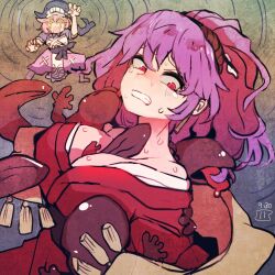  2girls breasts cleavage clenched_teeth commentary_request japanese_clothes kimono lotus_eaters maaru_(akira428) multiple_girls okunoda_miyoi one-hour_drawing_challenge pink_hair purple_hair red_eyes red_kimono salamander short_hair teeth touhou yasaka_kanako 