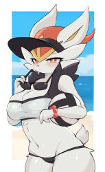 1girl absurdres animal_nose ball beach bead_bracelet beads bikini black_bikini black_hat blue_background blue_sky blush body_fur border bracelet breasts bright_pupils cinderace cleavage closed_mouth cloud cowboy_shot day female_focus furry furry_female gen_8_pokemon groin half-closed_eyes hands_up hat highres holding holding_ball holding_removed_eyewear horizon jewelry looking_at_viewer mature_female medium_breasts navel nintendo ocean outdoors outside_border pokemon pokemon_(creature) rabbit_ears rabbit_girl rabbit_tail red_eyes red_hair sand shiny_skin short_hair skindentation sky solo standing stomach sunglasses swimsuit unworn_eyewear visor_cap water white_bikini white_border white_fur white_pupils wide_hips yoru_(yoru_vida) rating:Sensitive score:72 user:AngryZapdos