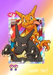  ? ?? alternate_color artist_name black_skin blue_eyes charizard claws colored_skin english_text gen_1_pokemon highres looking_at_viewer nintendo no_humans only_jerry orange_skin pokemon pokemon_(creature) pokemon_card red_eyes shiny_pokemon tongue tongue_out 