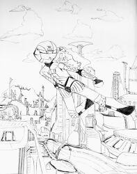  1990s_(style) absurdres city cloud cloudy_sky greyscale highres jumping landscape monochrome non-web_source original retro_artstyle science_fiction sky superhero_costume symbiote technology 