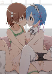  2girls absurdres black_panties blue_eyes blue_hair bow bow_panties bra bra_lift breasts brown_eyes brown_hair closed_mouth commentary_request commission crossover eye_contact fingering flower green_bra green_panties hair_flower hair_ornament highres looking_at_another medium_breasts misaka_mikoto multiple_girls mutual_masturbation nipples paid_reward_available panties panties_around_leg re:zero_kara_hajimeru_isekai_seikatsu rem_(re:zero) short_hair sirokohi skeb_commission small_breasts thighhighs toaru_kagaku_no_railgun toaru_majutsu_no_index underwear white_thighhighs yuri  rating:Explicit score:98 user:danbooru