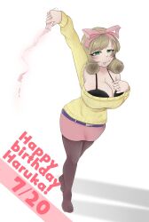  1girl belt blush bra breasts brown_hair green_eyes hair_ribbon happy_birthday haruka_(senran_kagura) large_breasts long_hair looking_at_viewer medium_hair neko_puppet ribbon senran_kagura skirt sweater test_tube underwear white_background 