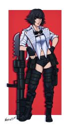  1girl absurdres artist_name black_gloves black_shorts devil_may_cry_(series) devil_may_cry_5 fingerless_gloves gloves goggles goggles_around_neck green_eyes hand_on_own_hip heterochromia highres jacket kalina_ann_(weapon) lady_(devil_may_cry) midriff nezu117 parted_lips red_background red_eyes rocket_launcher scar scar_on_face scar_on_nose shirt shorts signature simple_background weapon white_jacket white_shirt 