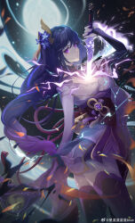  1girl absurdres artist_name back_bow blue_pupils blunt_bangs blurry blurry_background bow braid bridal_gauntlets chinese_commentary closed_mouth clothing_cutout electricity expressionless from_side genshin_impact glowing gradient_hair hair_ornament highres holding holding_sword holding_weapon japanese_clothes katana kimono leaning_back light_particles long_braid long_hair looking_at_viewer looking_to_the_side mitsudomoe_(shape) mole mole_under_eye moon multicolored_eyes multicolored_hair neck_ribbon night night_sky off_shoulder outdoors purple_eyes purple_kimono purple_nails purple_thighhighs raiden_shogun red_ribbon red_sash ribbon sash shade shoulder_cutout single_braid sky solo star_(sky) starry_sky streaked_hair sword thighhighs thighs tomoe_(symbol) watermark weapon weibo_username weibo_watermark wide_sleeves xinglanlanlanlan 