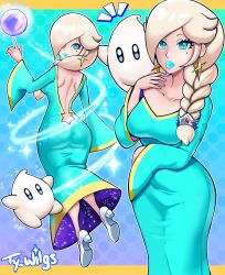 1girl 1other absurdres alternate_hairstyle ass back_cutout blonde_hair blue_eyes blue_lips braid braided_ponytail breasts clothing_cutout crystal_ball dress earrings floating hair_over_one_eye highres jewelry levitation looking_at_viewer luma_(mario) mario_(series) mole mole_under_eye nail_polish nintendo rosalina side_ponytail signature star_(symbol) star_cutout star_earrings ty_wilgs  rating:Sensitive score:9 user:Hatrade