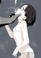1boy 1girl bikini black_hair breasts condom condom_drain covered_erect_nipples cum cum_in_mouth drinking_from_condom gokkun highres loli side-tie_bikini_bottom small_breasts swimsuit tagme tongue used_condom rating:Explicit score:176 user:RabidSnake