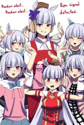  6+girls aged_up animal_ears apron black_dress blue_bow blue_skirt blunt_bangs bow child collared_shirt commentary dress english_commentary english_text gloves gold_ship_(umamusume) grey_hair grin hair_bow hair_ornament hair_scrunchie highres hinghoi horse_ears horse_girl horse_tail housewife long_hair looking_at_viewer mother_and_daughter multiple_girls open_mouth pink_scrunchie pink_sweater plaid_clothes plaid_dress purple_eyes purple_scrunchie red_apron scrunchie shirt short_hair skirt smile sweater tail thick_eyebrows umamusume very_long_hair white_dress white_gloves white_shirt 