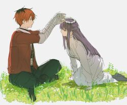  1boy 1girl bandaged_arm bandaged_hand bandages black_hair black_pants black_shoes bright_pupils commentary_request dress expressionless eye_contact faux_figurine fern_(sousou_no_frieren) flower flower_wreath from_side full_body grey_background half_updo hands_on_ground head_wreath highres indian_style jacket kneeling leaning_forward long_dress long_hair long_sidelocks long_sleeves looking_at_another multicolored_hair nokoru_sora on_grass pants parted_lips profile purple_eyes purple_hair putting_on_headwear red_eyes red_hair red_jacket roots_(hair) shoes short_hair sidelocks simple_background sitting sketch sleeve_cuffs sousou_no_frieren stark_(sousou_no_frieren) three-quarter_sleeves two-tone_hair very_long_hair very_short_hair white_dress white_flower white_pupils white_sleeve_cuffs 