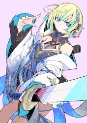  1girl absurdres aizawa_ema aizawa_ema_(5th_costume) aqua_hair bare_shoulders blonde_hair blue_eyes colored_inner_hair dutch_angle hair_ornament highres holding holding_sword holding_weapon japanese_clothes katana kimono multicolored_hair off_shoulder pantyhose purple_background see-through_clothes see-through_shirt shirt short_hair solo streaked_hair sword tetsu_booya virtual_youtuber vspo! weapon white_kimono 