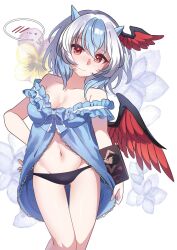  1girl ametama_(runarunaruta5656) babydoll bird_wings black_panties blue_babydoll blue_hair blush breasts commentary curiosities_of_lotus_asia hand_on_own_hip head_wings highres horns multicolored_hair panties red_eyes red_wings standing tokiko_(touhou) touhou two-tone_hair underwear white_hair wings 