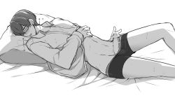 1boy bed_sheet boxer_briefs breath censored covered_erect_nipples dorifesu! dress_shirt drooling erection glasses greyscale ku--ma long_sleeves looking_away lying male_focus male_masturbation male_underwear masturbation monochrome oikawa_shin on_back on_bed open_clothes open_shirt penis precum pubic_hair saliva shirt simple_background solo swept_bangs testicles torogao underwear rating:Explicit score:11 user:danbooru